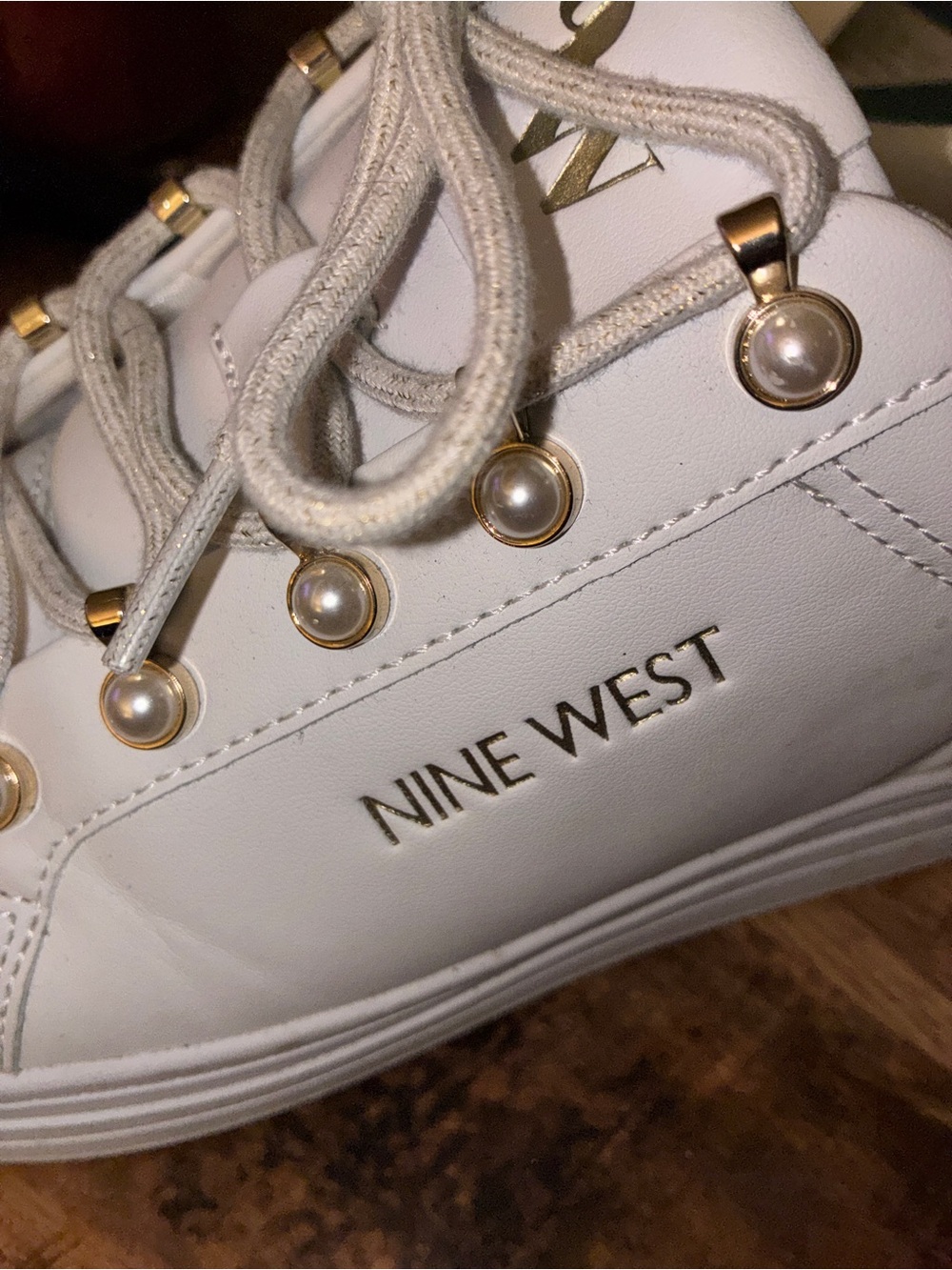 Nine West White Womens Sneakers with Pearl and Gold Eyelets